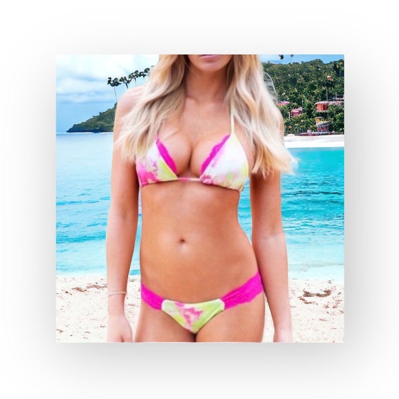 new Beach Bunny ❤︎︎ Panama Animal String Bikini Top ❤︎︎ Pink Green Tie Dye XL - Picture 2 of 13